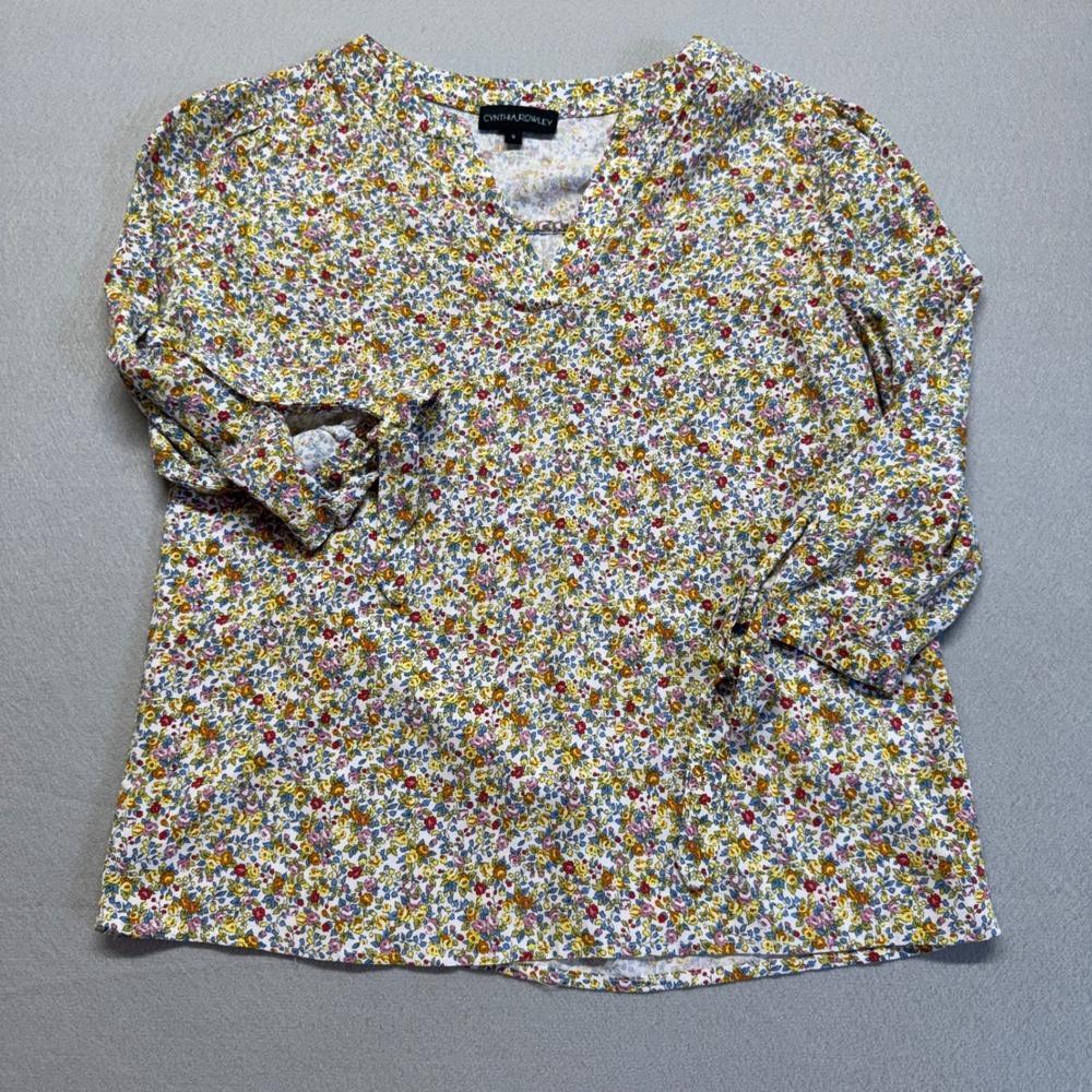 Cynthia Rowley Floral V-Neck Blouse Small Multi-Color Tie Sleeve Rayon Top